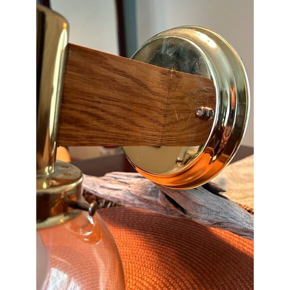 Vtg Smoked Glass Globe Shade, Brass Tones , Wood Wall Light Fixture sconce - Picture 5 of 7